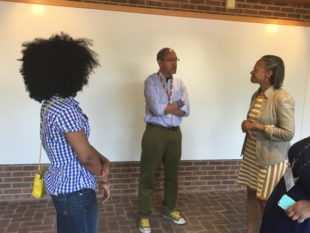 Board member Maria Madison and Director Elon Cook discuss Ellen Garrison Jackson’s legal case with Chris Haley, son of Roots author Alex Haley, Director of the Maryland State Archives.
